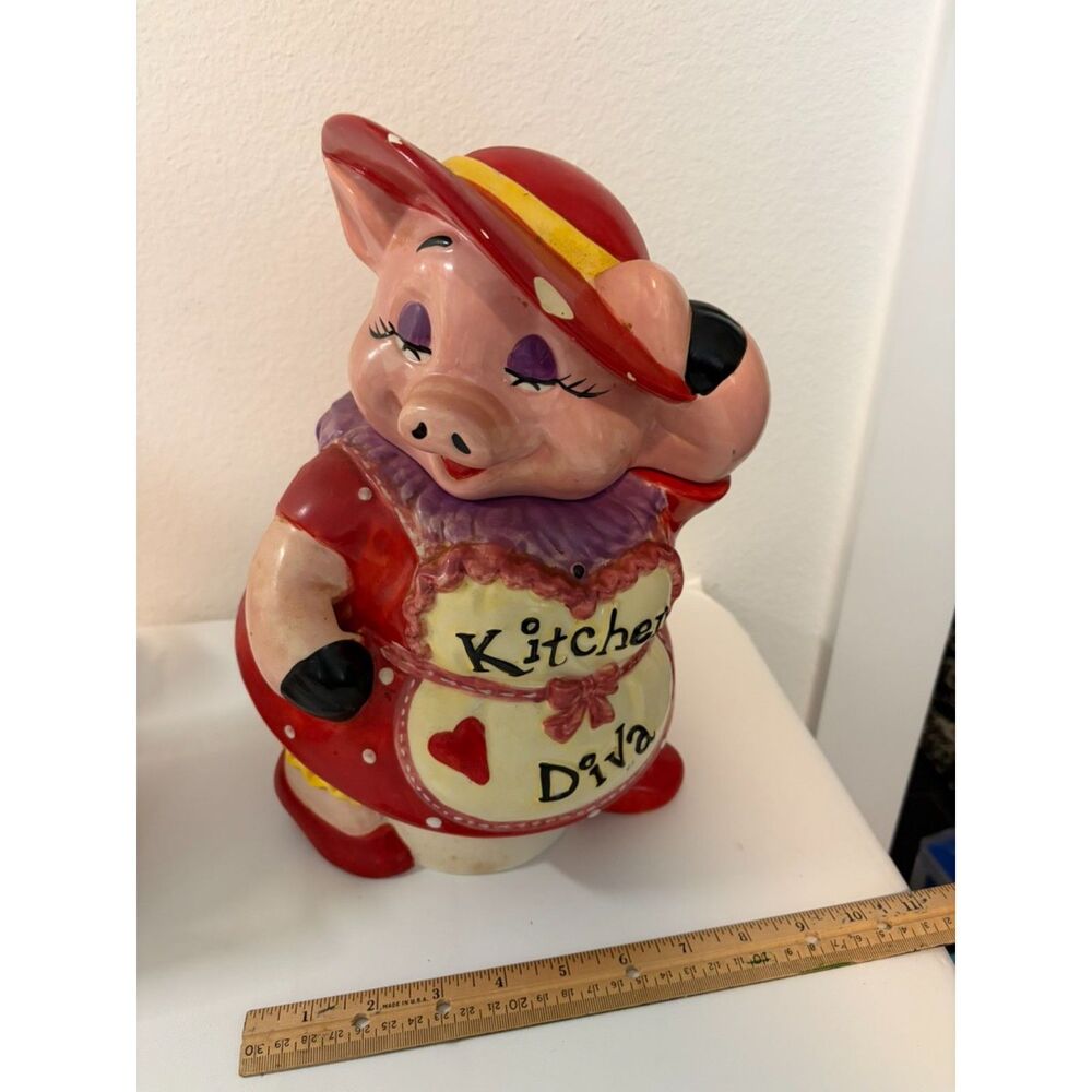 vtg. red hat society ketchen diva ceramic pig cookie jar